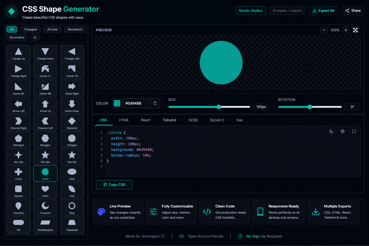 CSS Shape Generator — 37 Shapes · 7 Code Exports Free Online ...