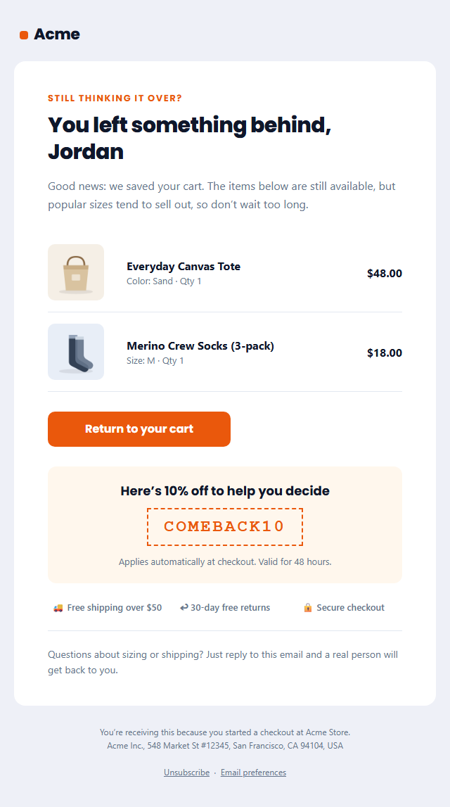 Abandoned Cart Email template preview