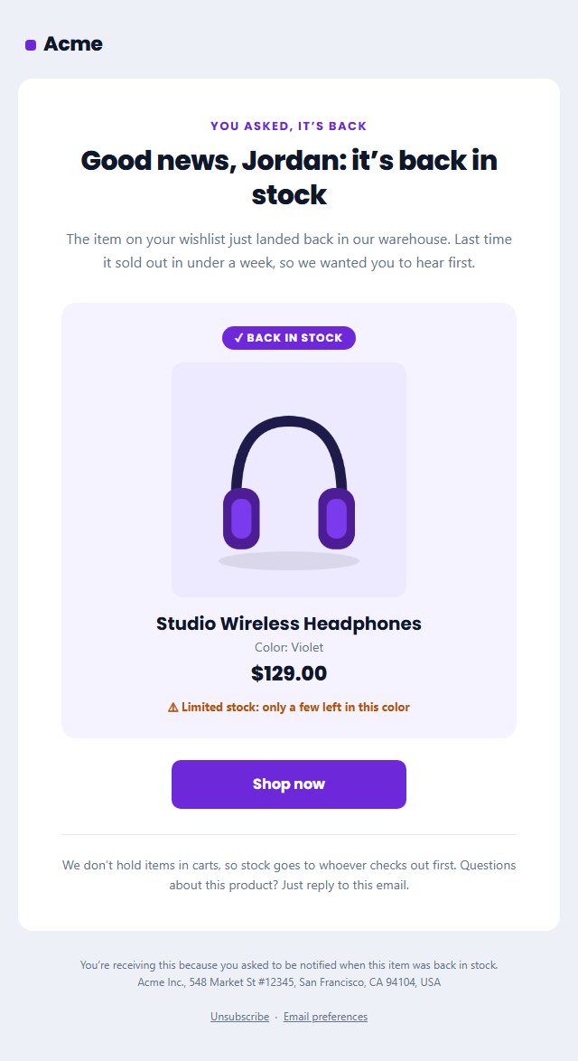 Back in Stock Email template preview