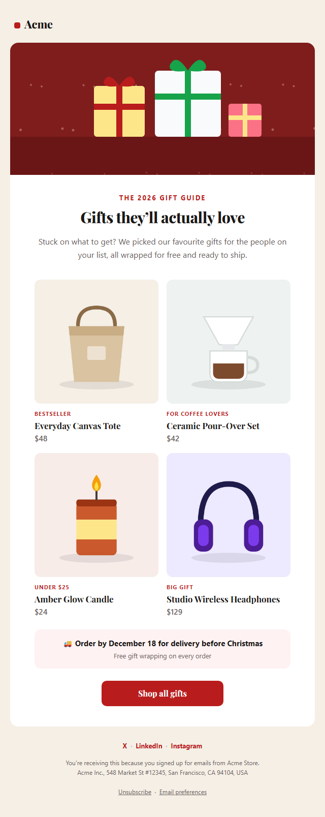 Holiday Gift Guide Email template preview