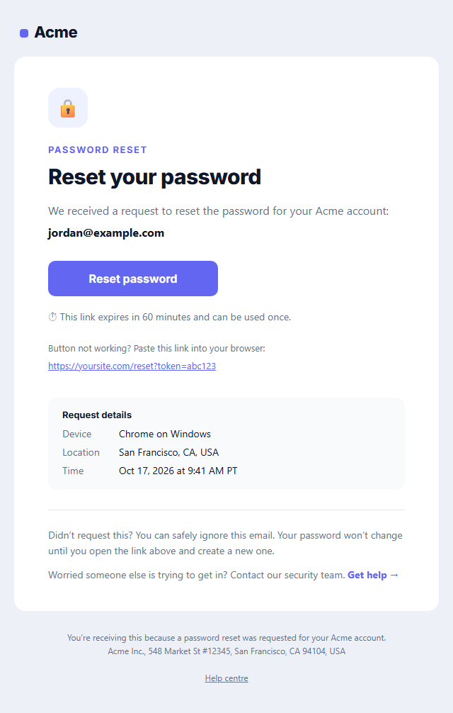 Password Reset Email template preview