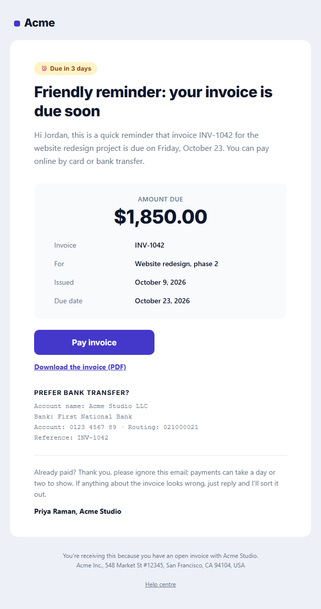 Payment Reminder Email template preview