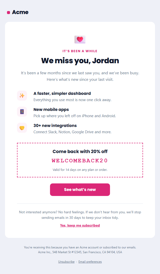 Re-engagement Email (We Miss You) template preview