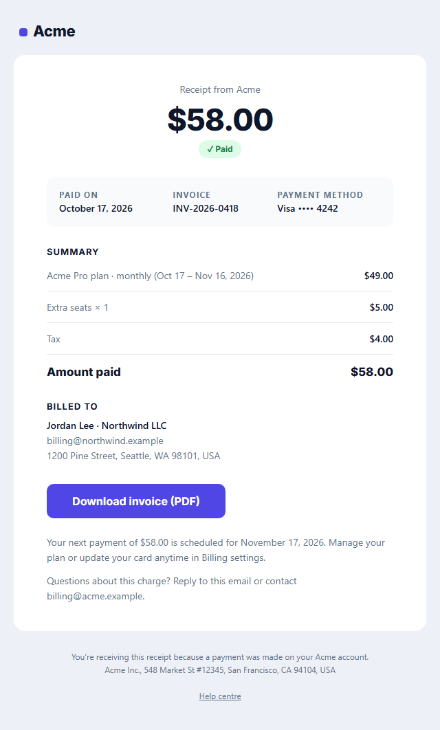 Payment Receipt Email template preview