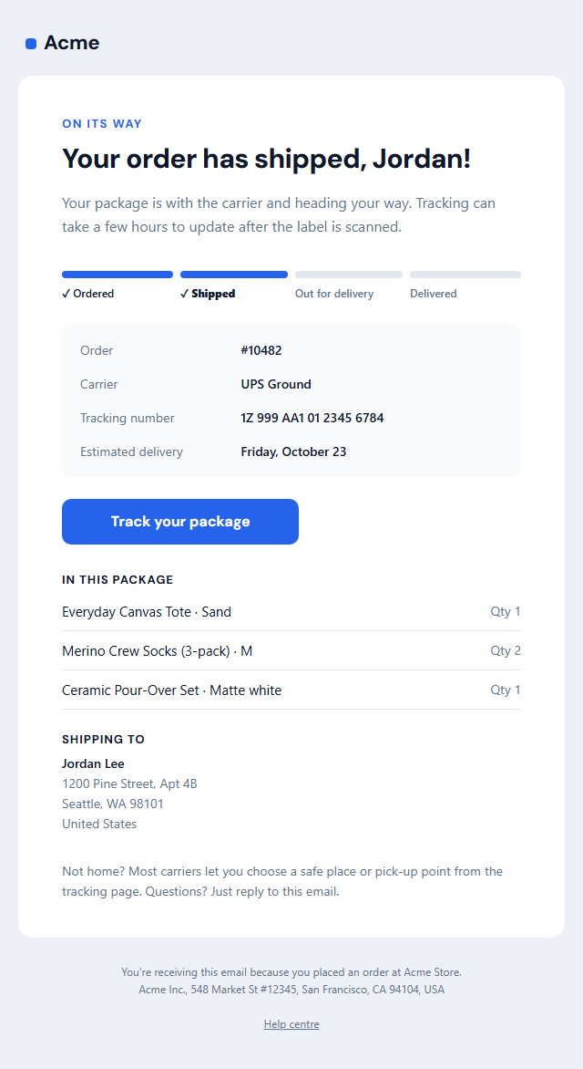 Shipping Confirmation Email template preview