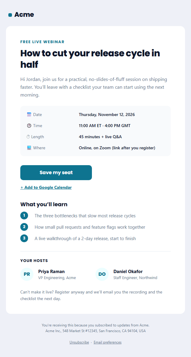 Webinar Invitation Email template preview