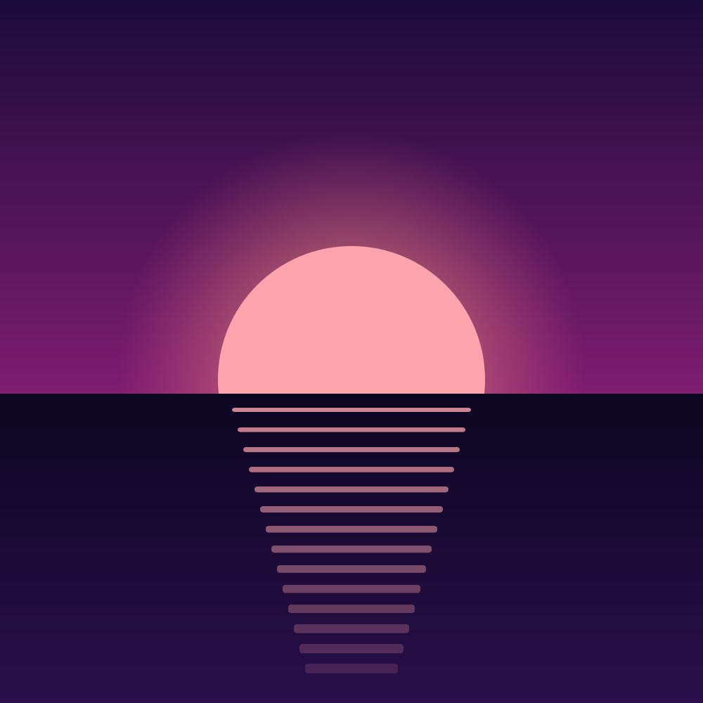 Album cover with a pink sun rising over dark water