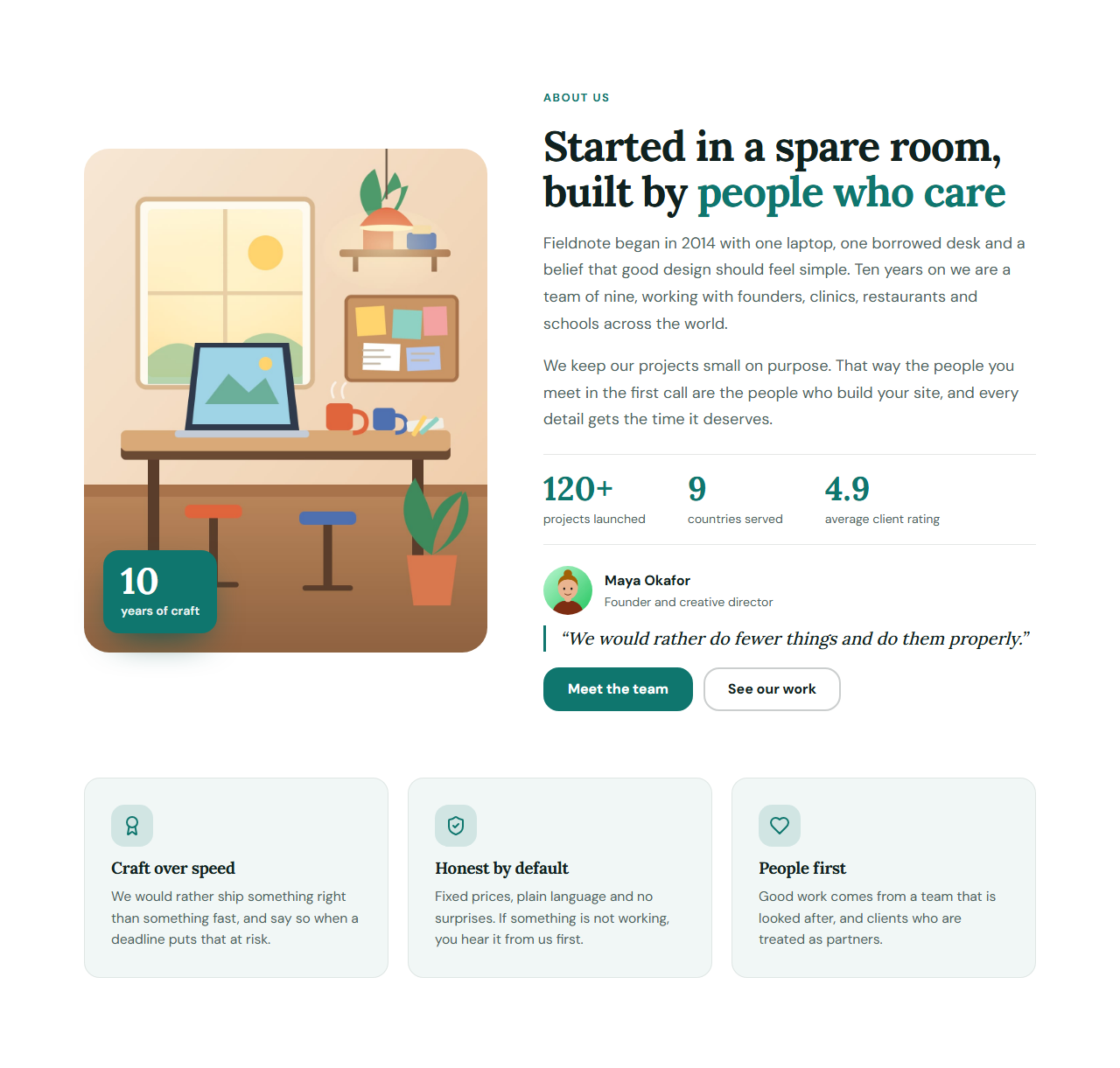 About Us & Our Story: The About page section most websites are missing: a large picture with a floating badge such as “Since 2014”, a heading and your story in two short paragraphs, the founder with a photo and role, three headline facts, and a grid of values with icons. Every part is optional, so it works for a one-person studio or a company. The name, founding year and founder are also written as schema.org Organization data so search engines understand who is behind the site.