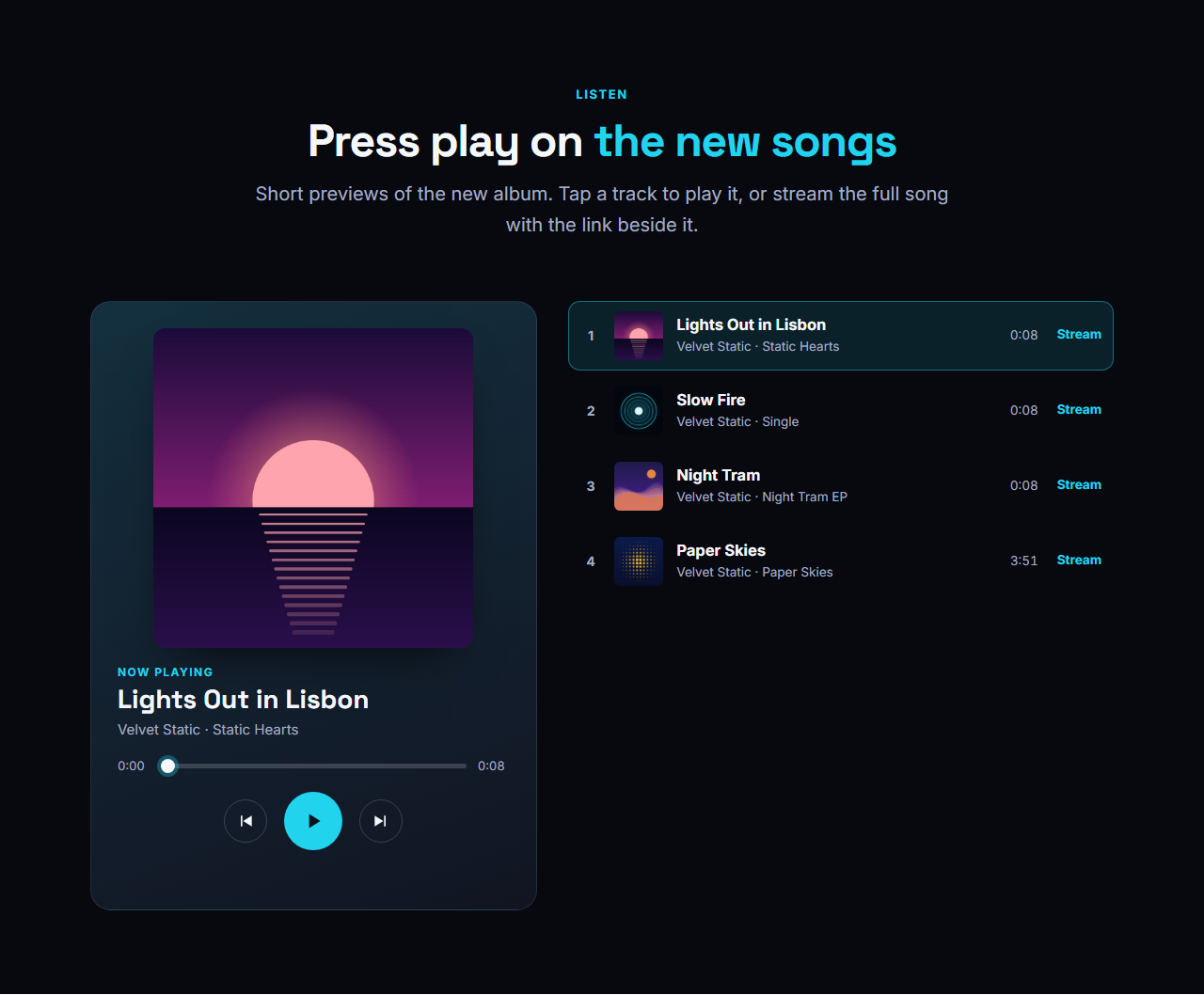 Audio Player & Track List: A music player that works on any website with no plugin. A now-playing panel shows the cover, title, a progress bar you can click or drag, the time and previous, play and next buttons; beside it is the track list with numbers, covers and durations, and a small equalizer on the playing row. Each track takes the link to an MP3 or WAV file and an optional stream or buy link. When a track ends the next one starts, and only one player on a page plays at a time.