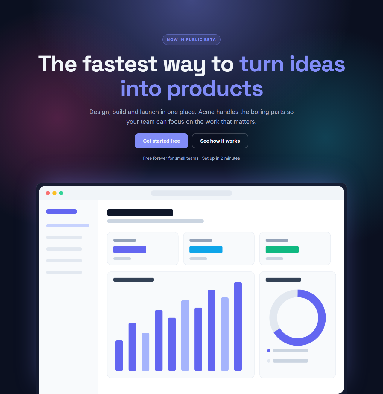 Centred Gradient Hero: A centred, dark landing page hero with soft glowing gradients drawn in CSS: a small eyebrow, a large headline, supporting text, two buttons, a reassurance note and an optional wide product screenshot that rises from the bottom of the section.