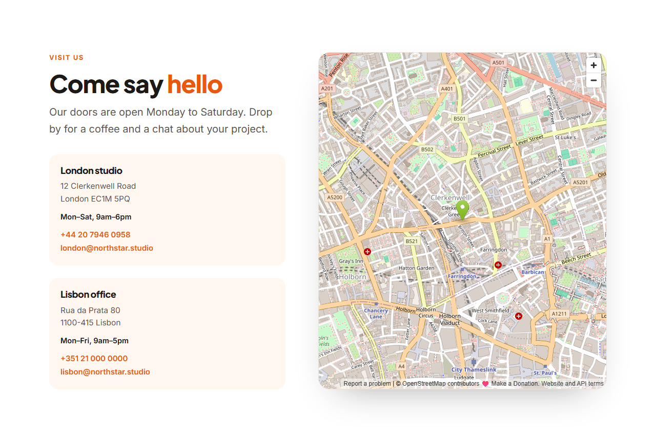 Contact With Map: A location-focused contact section: a large embedded map (OpenStreetMap by default, or paste a Google Maps embed link) beside a heading and a list of offices, each with the city, address, phone and email. Perfect for shops, clinics, restaurants and companies with physical locations.