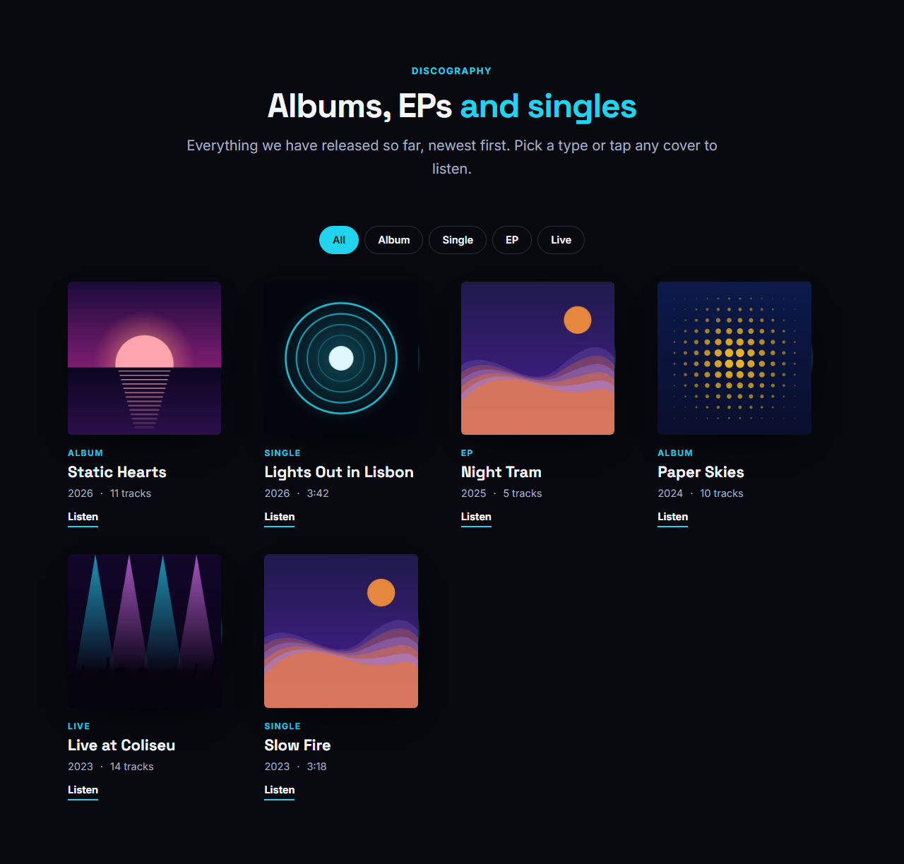 Discography Grid: Your catalogue as a grid of cover art. Each release shows its cover, title, type, year and a listen link, and a vinyl record slides out from behind the cover on hover. Filter chips are built from the release types you write (Album, EP, Single, Live), so visitors can narrow the catalogue in one tap. Without JavaScript every release is simply shown.