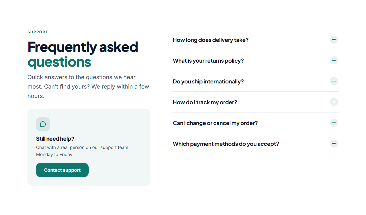 Split FAQ With Contact Card preview