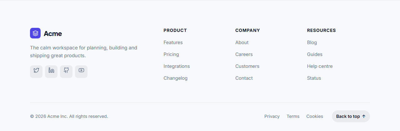 Multi-Column Footer: The classic website footer: your logo, a one-line description and social icons on the left, up to five columns of links on the right, and a bottom bar with the copyright, legal links and a back-to-top button that scrolls smoothly with GSAP.