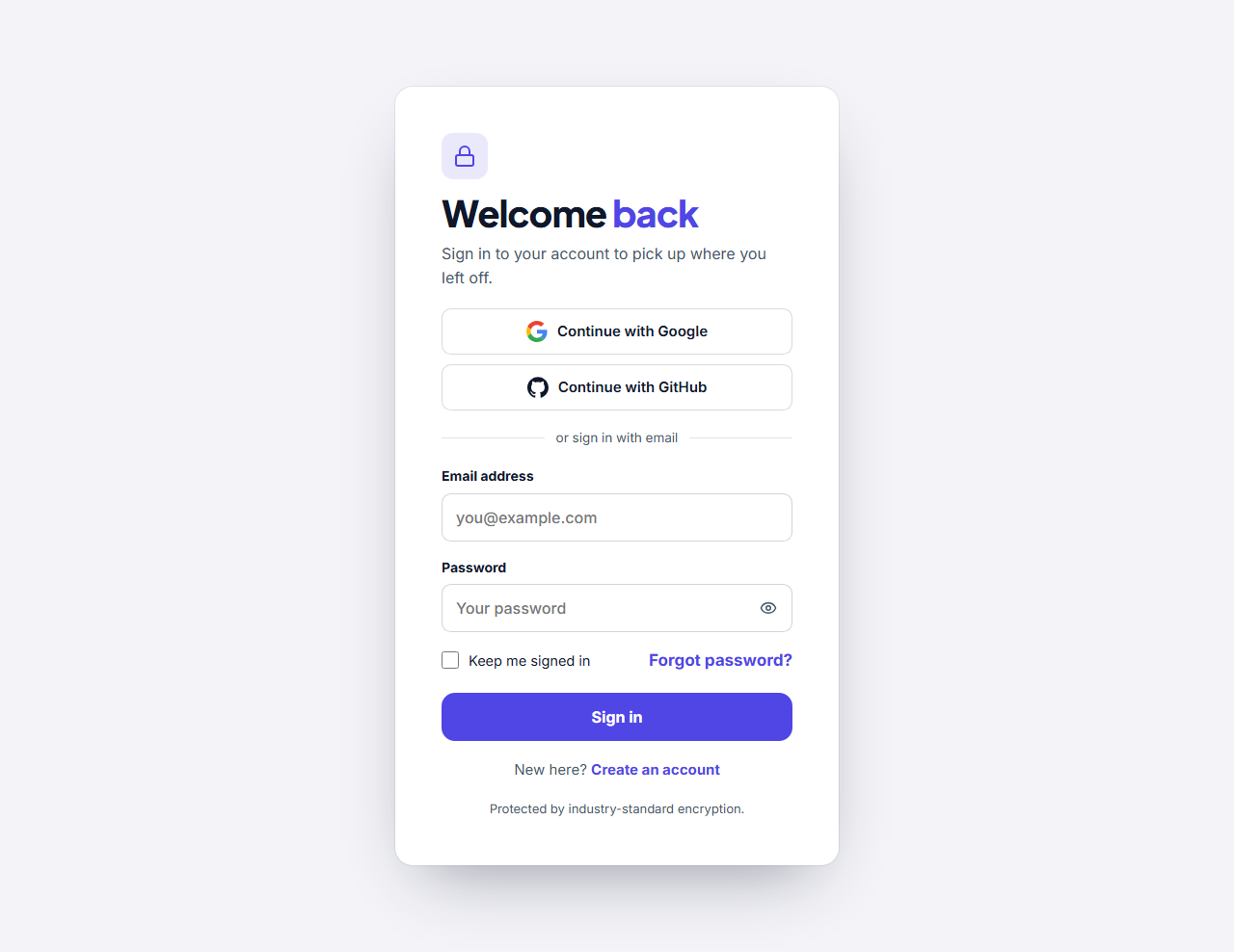 Login Form (Sign In Page): A sign-in screen: a centred card, or a split layout with an image panel and a customer quote, holding a heading, optional social sign-in buttons, an email and password form with a show-password button, a remember-me box, a forgot-password link and a link to the register page. The form posts to the address you give it, so it works with your own backend or any auth service.