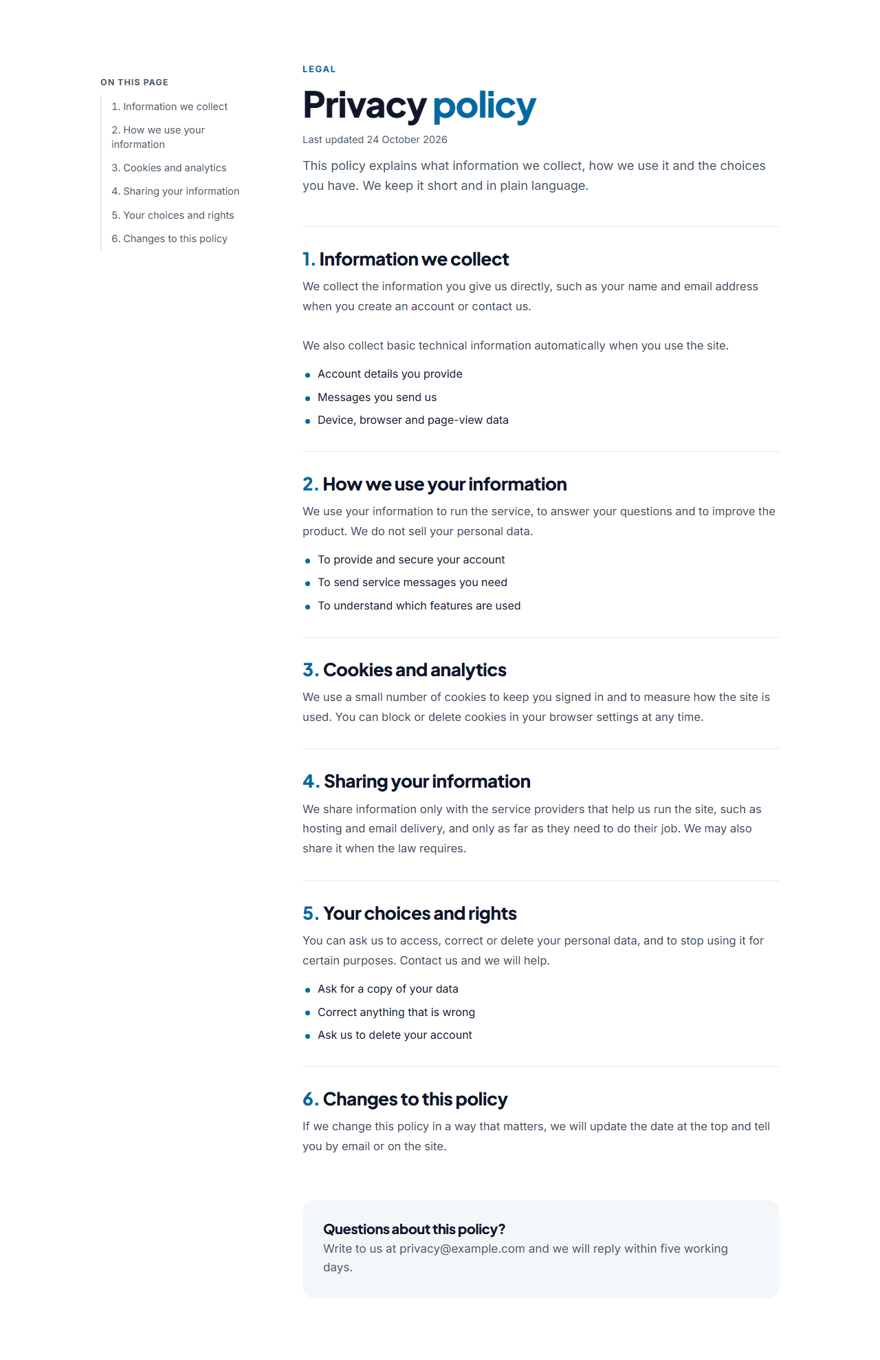 Legal & Long-Form Text Page: A readable long-form text layout for legal pages and articles: a title with a last-updated date and an intro, then numbered sections each with a heading, paragraphs and an optional bullet list. On wide screens a table of contents built from the section headings sticks to the side and highlights the section you are reading; a contact box closes the page.