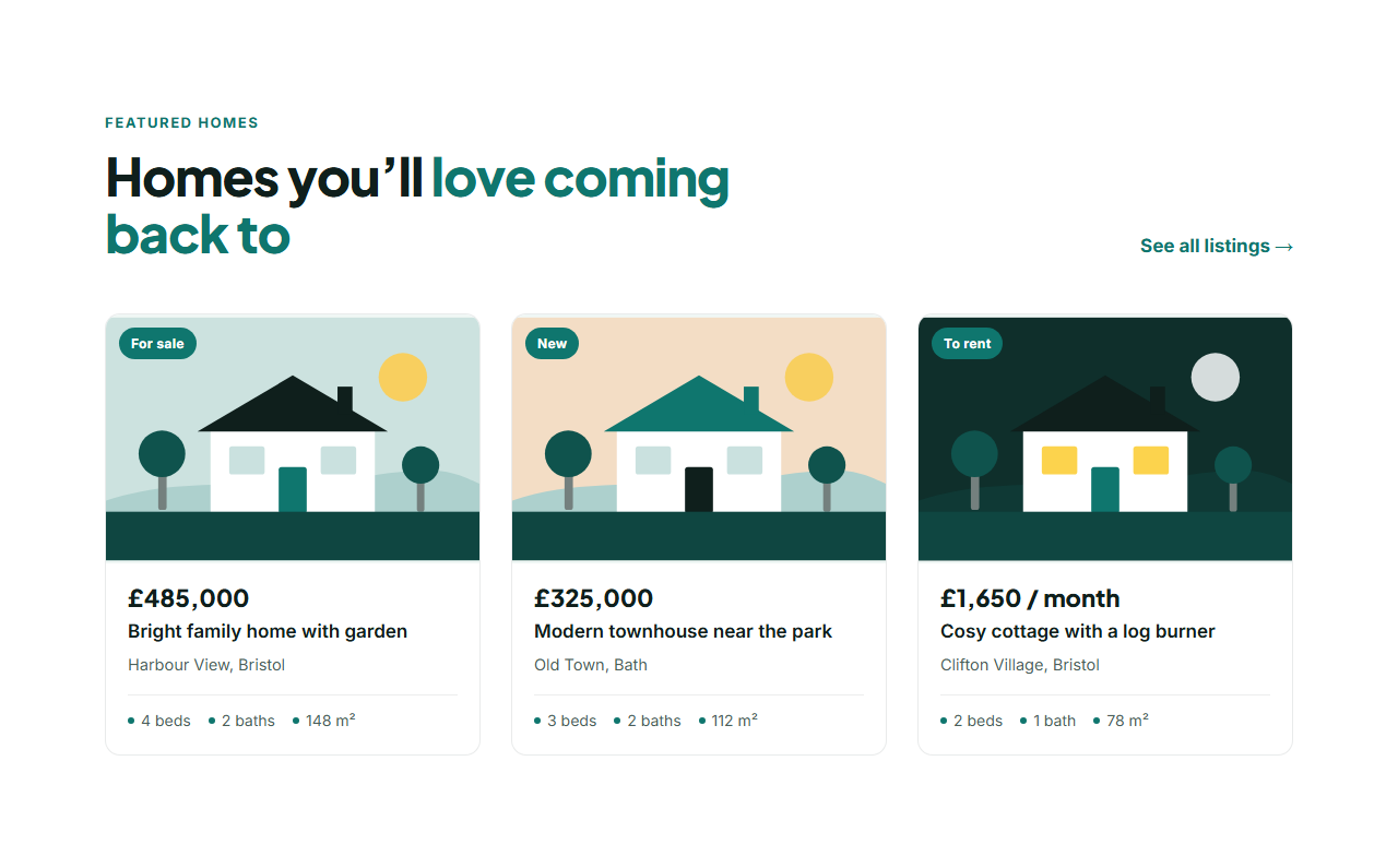 Property Listings: Real estate listing cards in a responsive grid. Each card shows a photo with a status badge (For sale, To rent, Sold), the price, a title, the address and key facts such as bedrooms, bathrooms and floor area, and links to the full listing. Until you upload photos, every card shows a themed SVG house illustration, so the section looks finished with any colour preset.