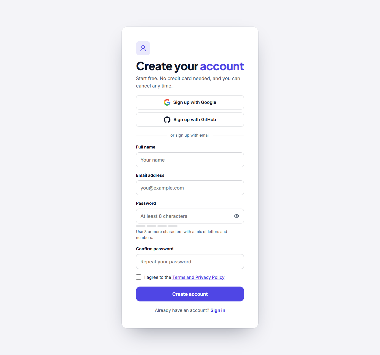 Register Form (Sign Up Page): A create-account screen: a centred card, or a split layout with an image panel and a quote, holding a heading, optional social sign-up buttons and a form with name, email, password and confirm-password fields, a live password strength hint, a terms checkbox and a link to the login page. The form posts to the address you give it.