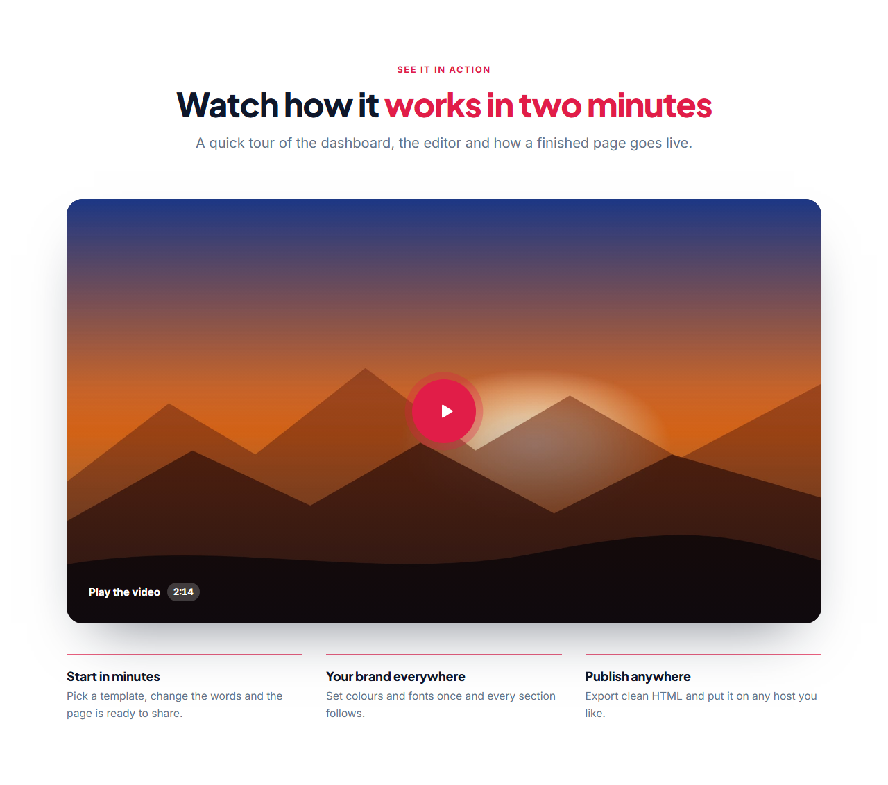 Video Section with Poster: A video section that stays fast and private: a heading, a 16:9 poster image with a large play button and optional duration, and a row of key points underneath. Nothing from YouTube or Vimeo loads until the visitor presses play; then the player replaces the poster in place. MP4 and WebM files play in the browser’s own player.