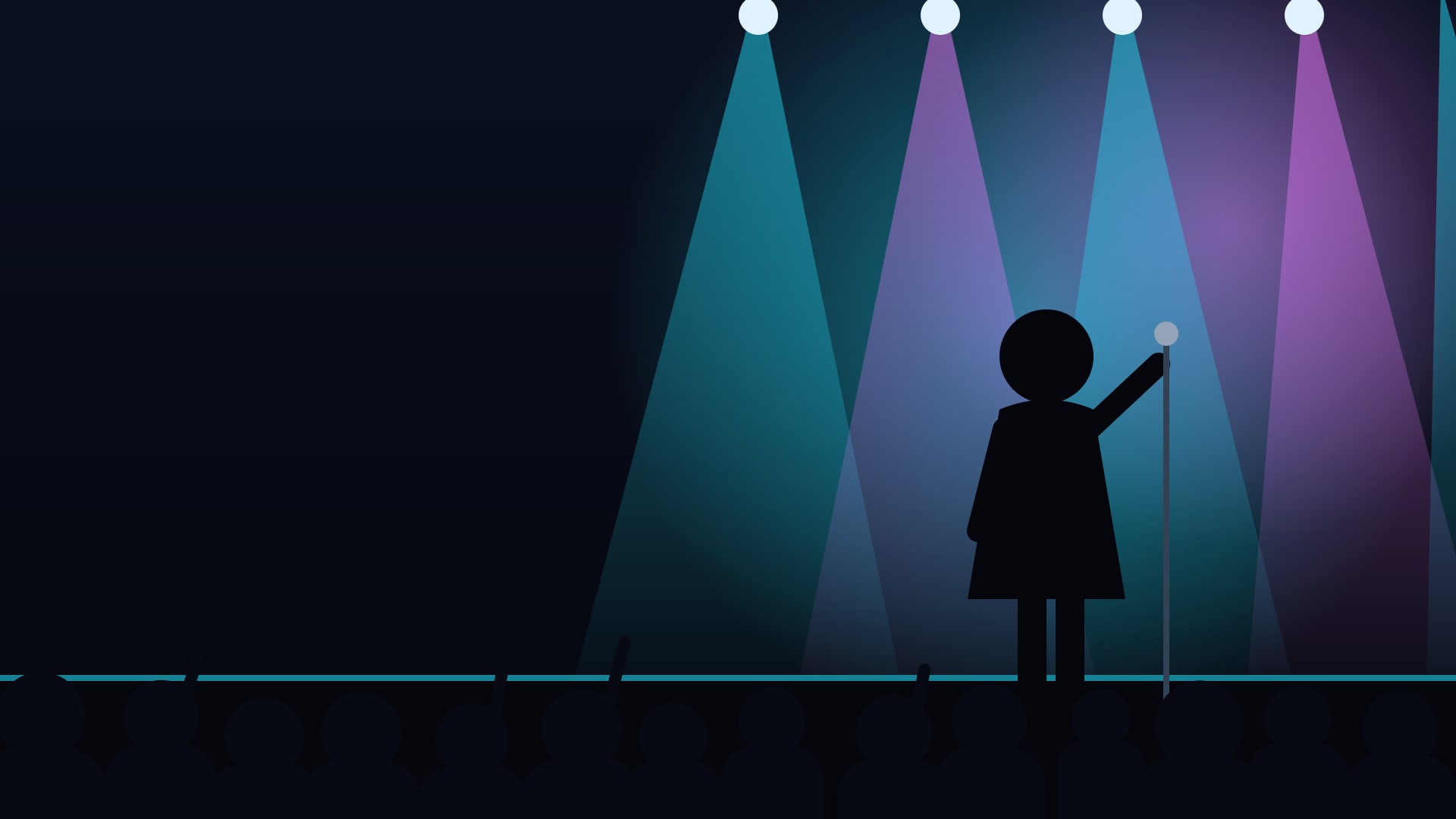 The singer at the microphone under cyan and pink stage lights