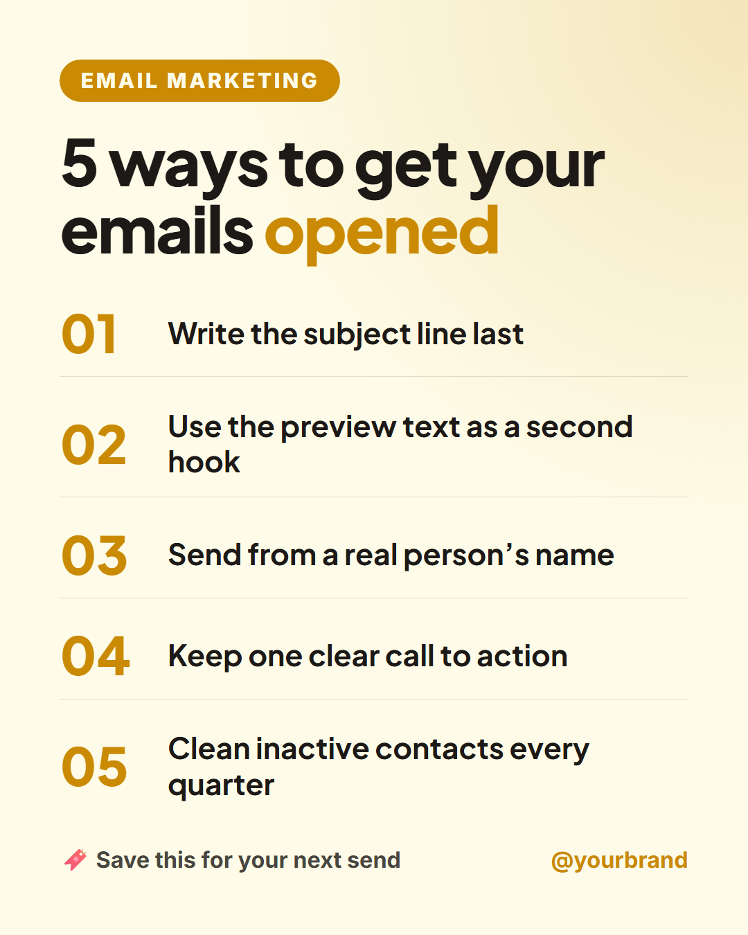 Numbered List Post social post template: A save-worthy listicle post: a small label, a bold "5 ways to…" headline, up to five numbered points in large accent numerals (empty points hide themselves), a "save this for later" prompt and your handle.