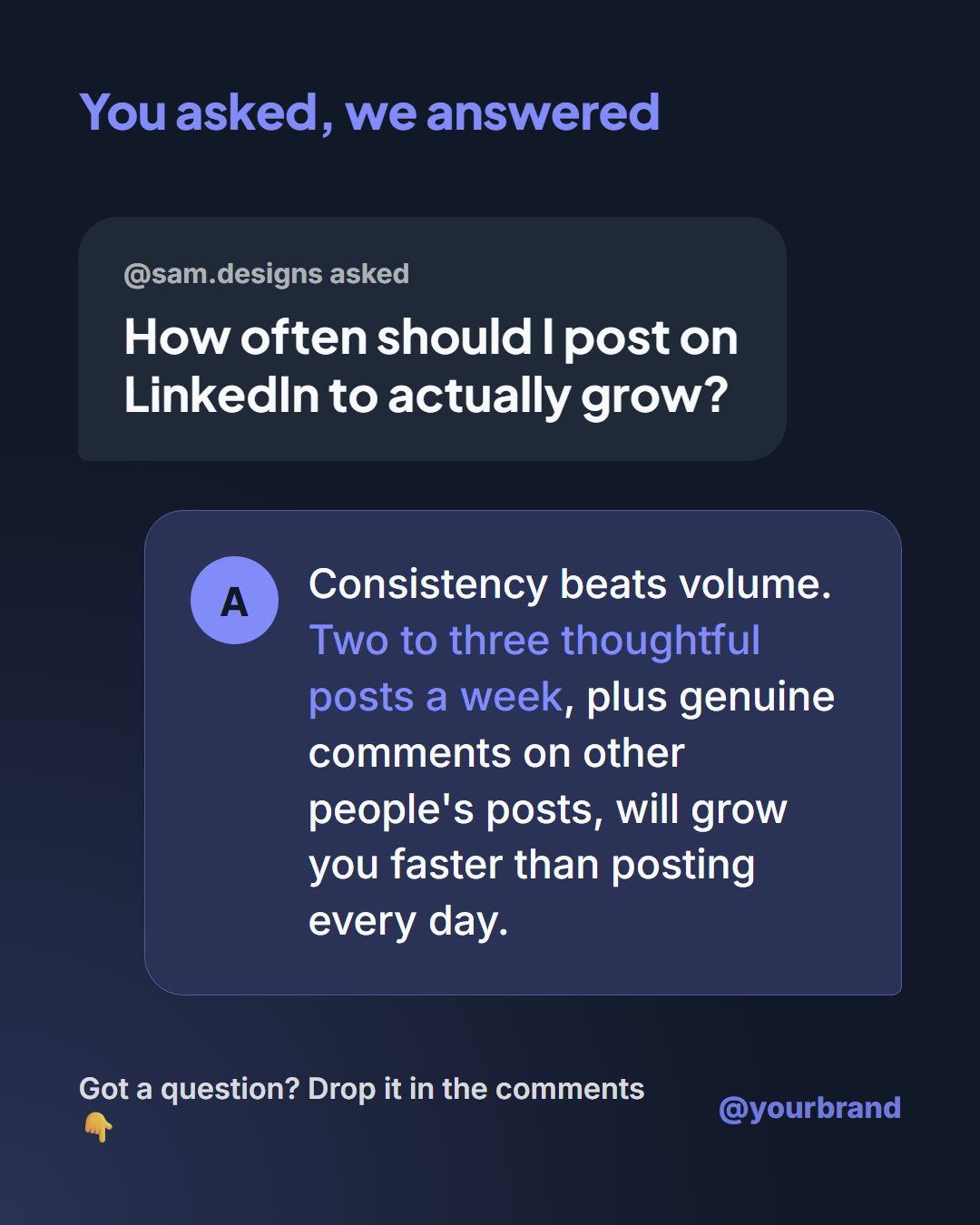 Q&A Post social post template: A "you asked, we answered" post styled like a chat: a label, the follower's question in a bubble with their name, your answer in a larger accent bubble with your logo initial, and your handle. Perfect for FAQs, AMAs and customer questions.