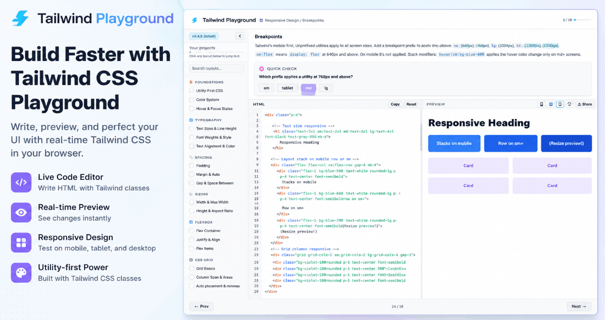 Card Css Ui Tailwind CSS Playground โ 48 Interactive Lessons Free | webdevpuneet.com