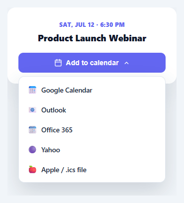 Screenshot of the Add to Calendar Button snippet rendered live