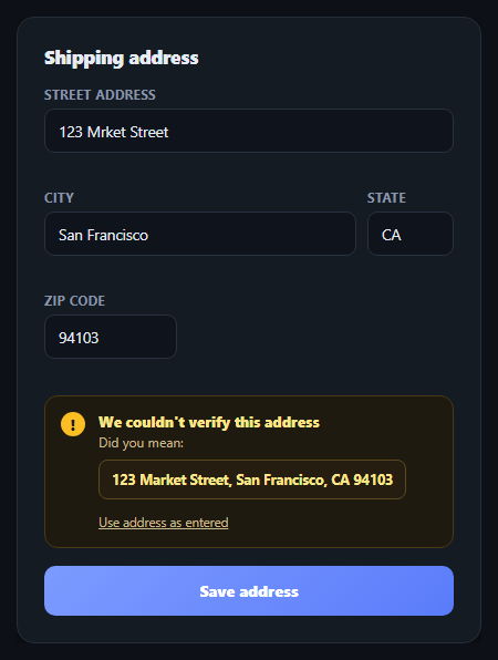 Screenshot of the Address Validation Form snippet rendered live