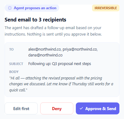 Screenshot of the AI Agent Action Approval Card snippet rendered live