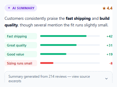 Screenshot of the AI-Generated Review Summary Card snippet rendered live