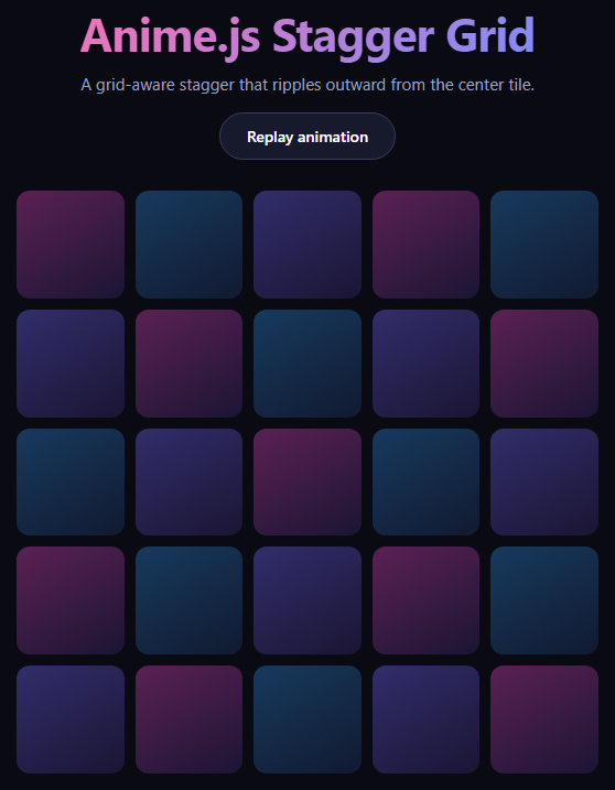 Screenshot of the Anime.js Stagger Grid snippet rendered live