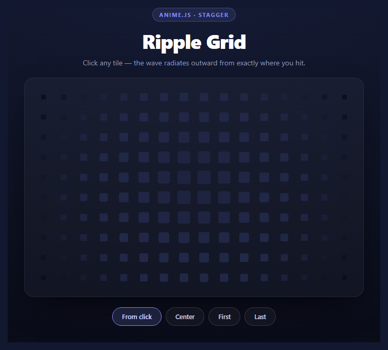 Screenshot of the Anime.js Ripple Grid snippet rendered live