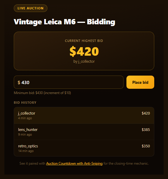 Screenshot of the Live Auction Bid Ticker snippet rendered live