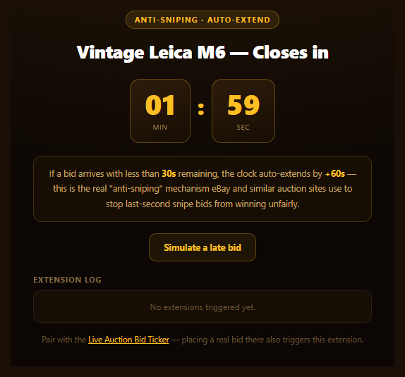 Screenshot of the Auction Countdown with Anti-Sniping snippet rendered live