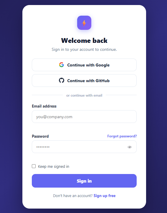 Screenshot of the Auth Login Card snippet rendered live