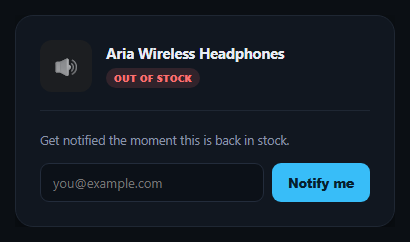 Screenshot of the Back in Stock Notify Me Form snippet rendered live