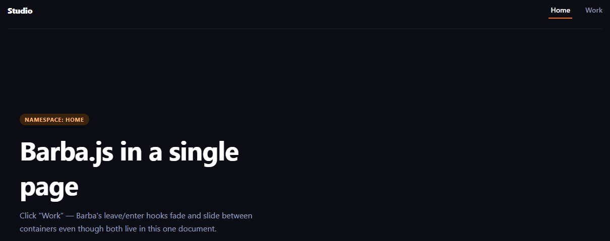 Screenshot of the Barba.js Page Transition snippet rendered live