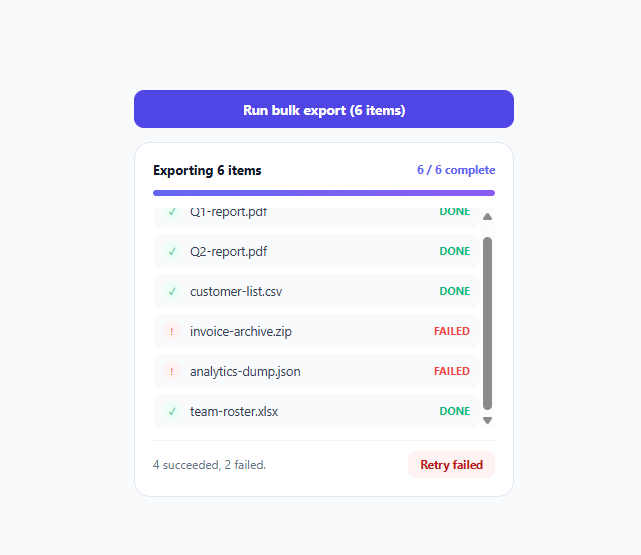 Screenshot of the Batch Operation Progress Panel — Per-Item Success/Fail Tracking snippet rendered live