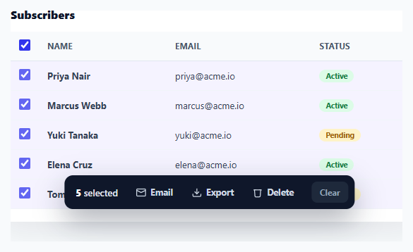 Screenshot of the Bulk Actions Bar snippet rendered live