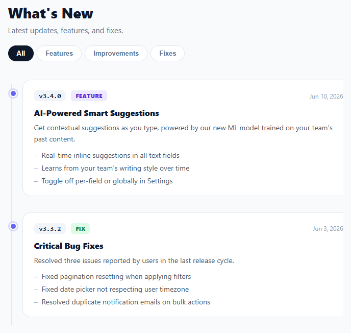 Screenshot of the Changelog / Release Notes snippet rendered live