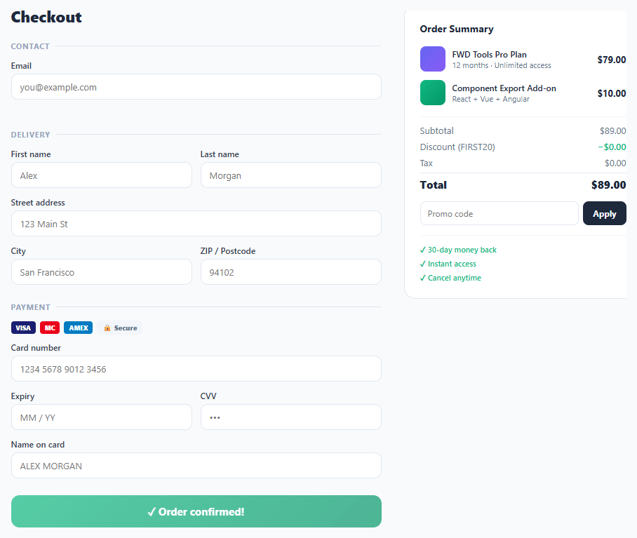 Screenshot of the Checkout Payment Form snippet rendered live
