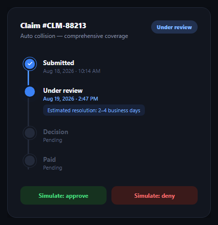 Screenshot of the Insurance Claim Status Tracker snippet rendered live