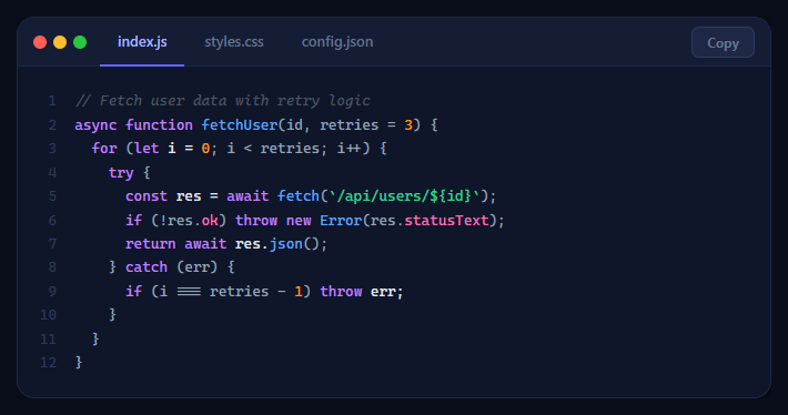 Screenshot of the Multi-Tab Code Block snippet rendered live