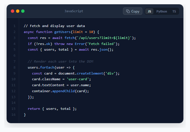 Screenshot of the Code Block snippet rendered live