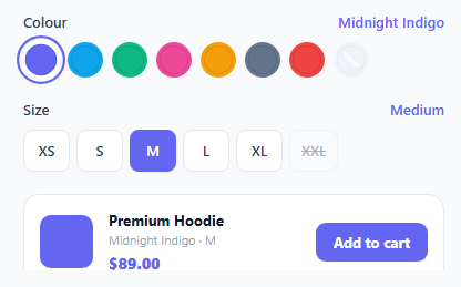 Screenshot of the Color Swatch Selector snippet rendered live