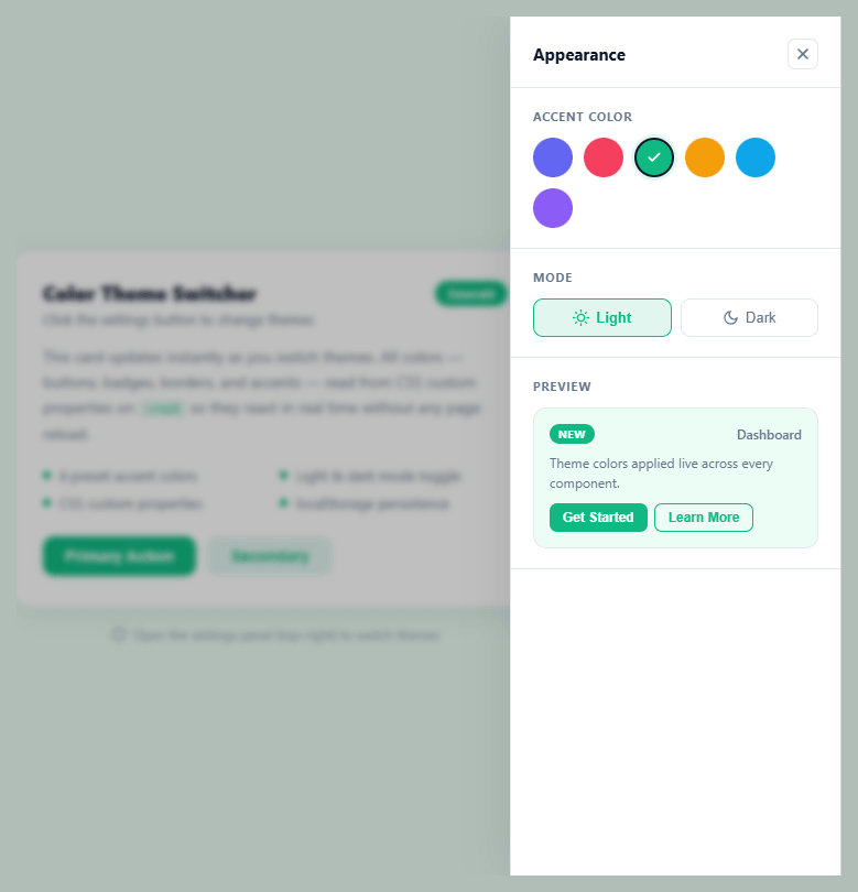 Screenshot of the Color Theme Switcher snippet rendered live