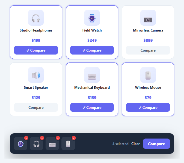 Screenshot of the Product Compare Bar snippet rendered live