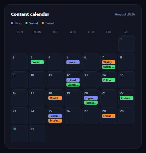Screenshot of the Content Calendar Grid snippet rendered live