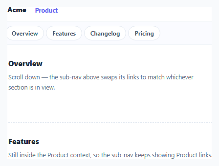 Screenshot of the Contextual Sub-Nav Morph snippet rendered live